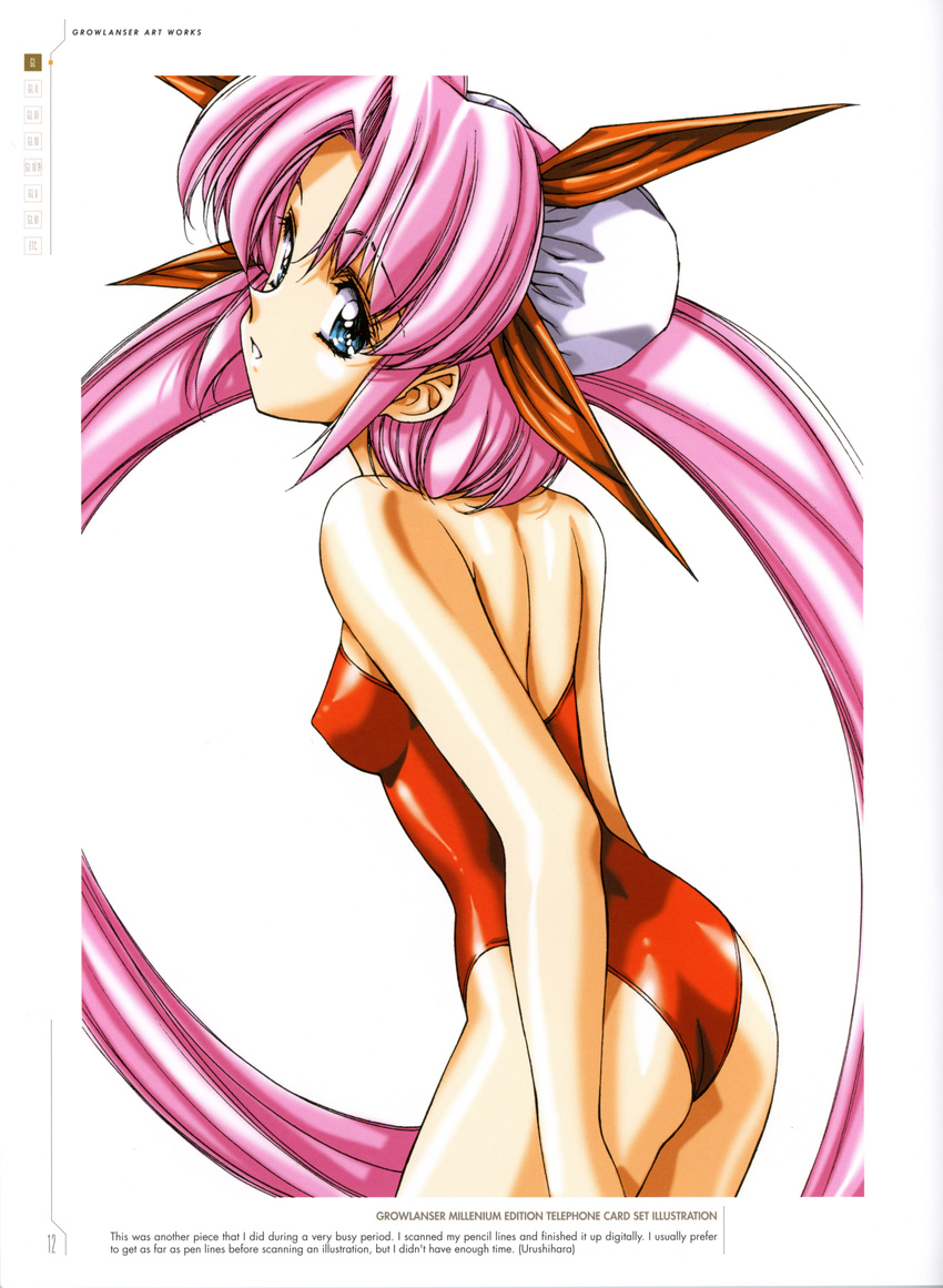 absurdres ass bangs bare_shoulders blue_eyes covered_nipples english eyebrows_visible_through_hair growlanser growlanser_i hard_translated highres leotard long_hair looking_at_viewer looking_back louise_fallsmyer official_art parted_lips pink_hair red_leotard scan simple_background smile solo strapless strapless_leotard twintails urushihara_satoshi white_background