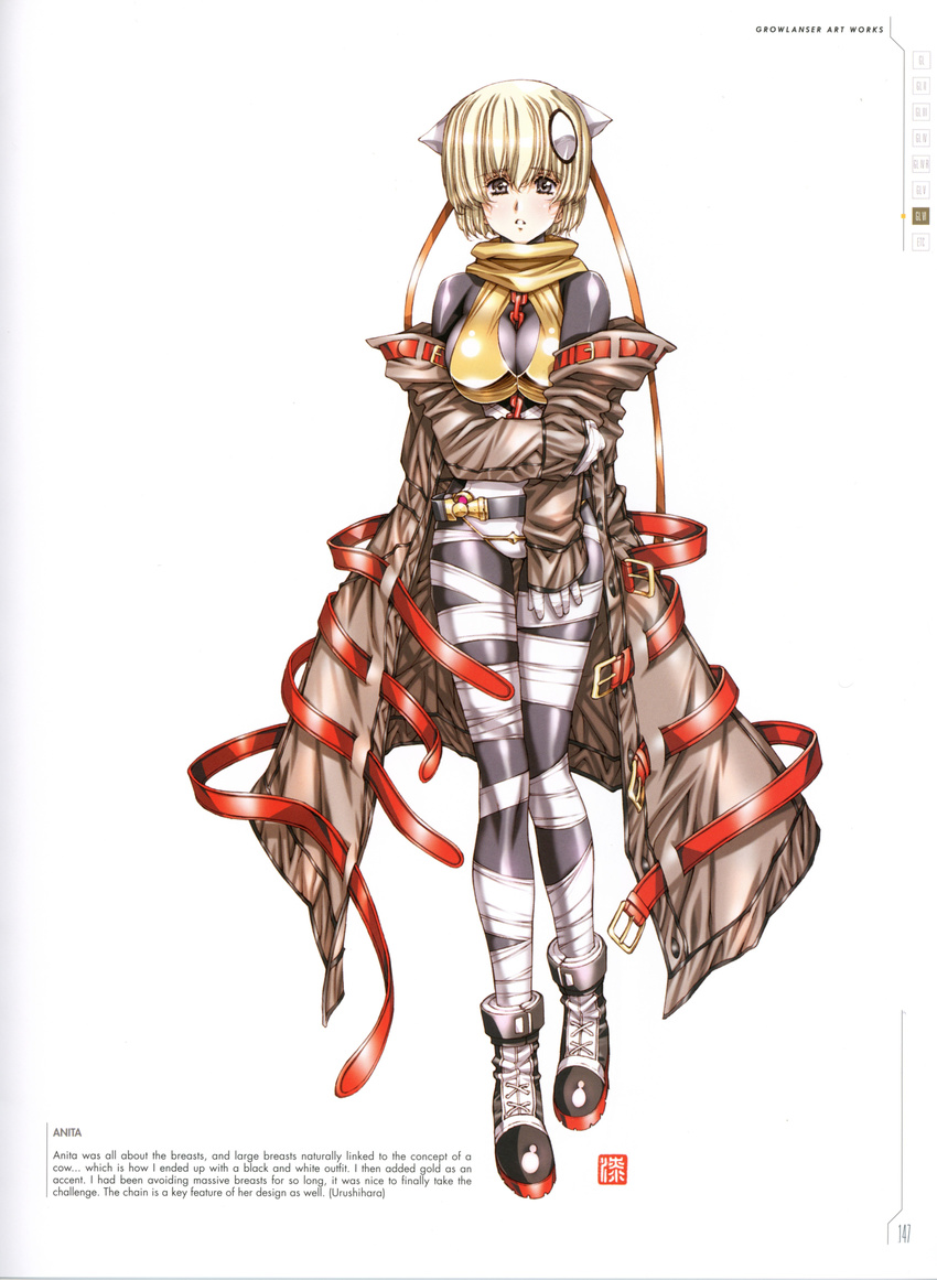 absurdres anita_(growlanser) bandages bangs belt blonde_hair boots breasts brown_eyes character_name cleavage coat eyebrows_visible_through_hair full_body growlanser growlanser_vi hair_ornament highres large_breasts leotard looking_at_viewer multiple_belts official_art parted_lips scan short_hair simple_background skin_tight solo standing urushihara_satoshi white_background