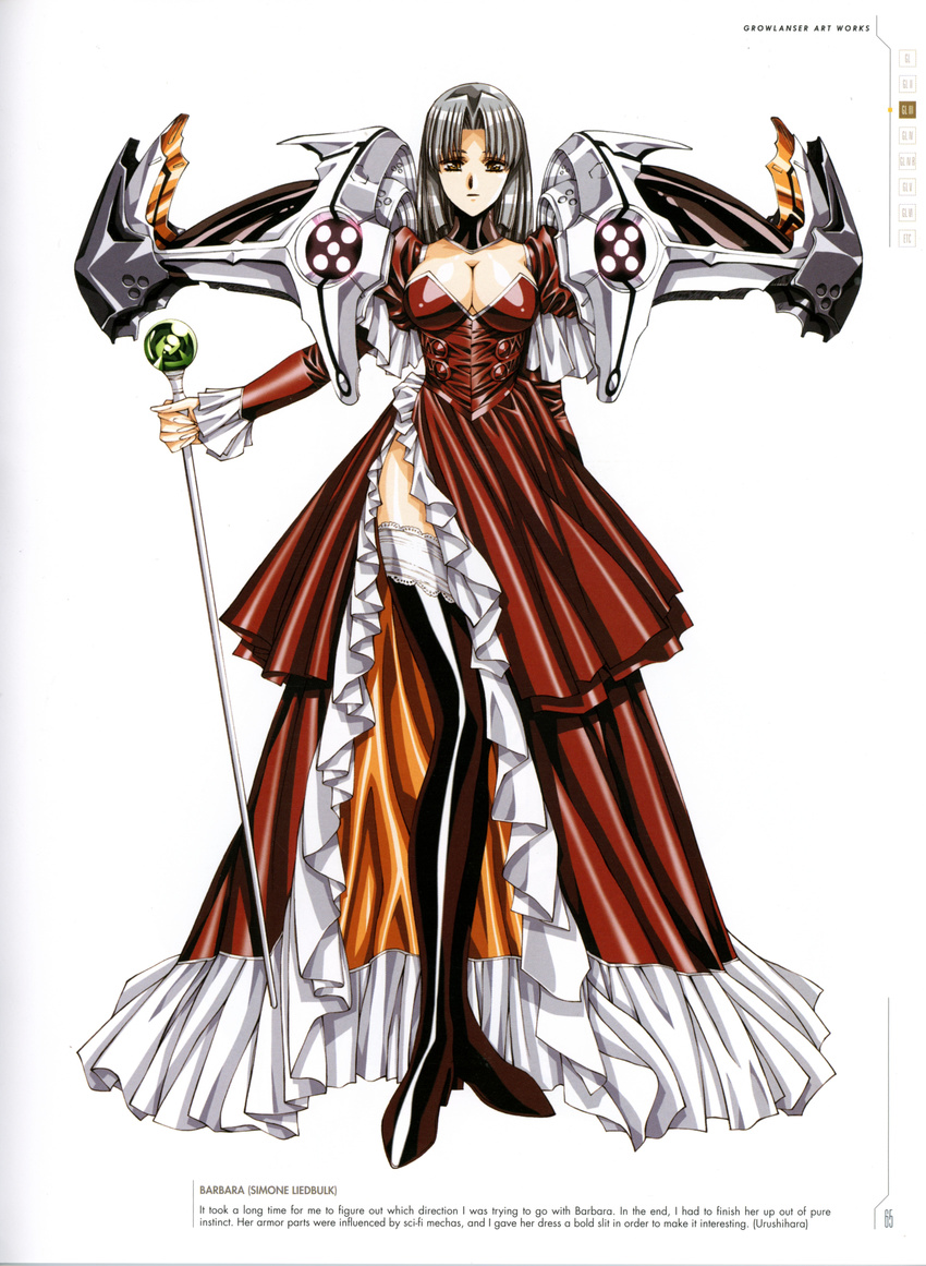 absurdres armor armored_dress bangs barbara_(growlanser) black_legwear breasts character_name cleavage detached_sleeves dress grey_hair growlanser growlanser_iii highres holding large_breasts long_hair looking_at_viewer mature official_art parted_bangs scan shoulder_pads side_slit solo staff standing thighhighs turtleneck urushihara_satoshi