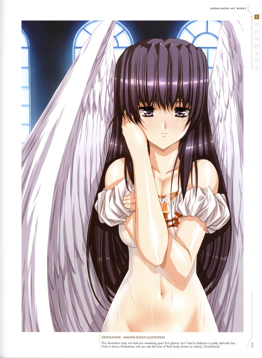 absurdres bangs bare_shoulders black_hair blush breasts collarbone covered_navel dress feathered_wings growlanser growlanser_i highres indoors long_hair looking_at_viewer medium_breasts melphie official_art puffy_sleeves purple_eyes scan see-through solo urushihara_satoshi window wings