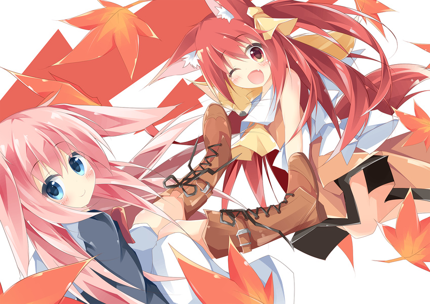 ;d animal animal_ears ascot autumn_leaves bare_arms blue_eyes blue_jacket blush boots bow brown_dress brown_footwear bunny_ears closed_mouth collared_dress commentary_request cross-laced_footwear dress dutch_angle fang fox fox_ears fox_girl fox_tail hair_ribbon highres jacket knee_boots kushida_you lace-up_boots long_hair long_sleeves looking_at_viewer looking_to_the_side multiple_girls one_eye_closed open_mouth original pink_hair red_eyes red_hair red_neckwear ribbon sleeveless sleeveless_dress smile tail white_background white_bow white_dress yellow_neckwear yellow_ribbon