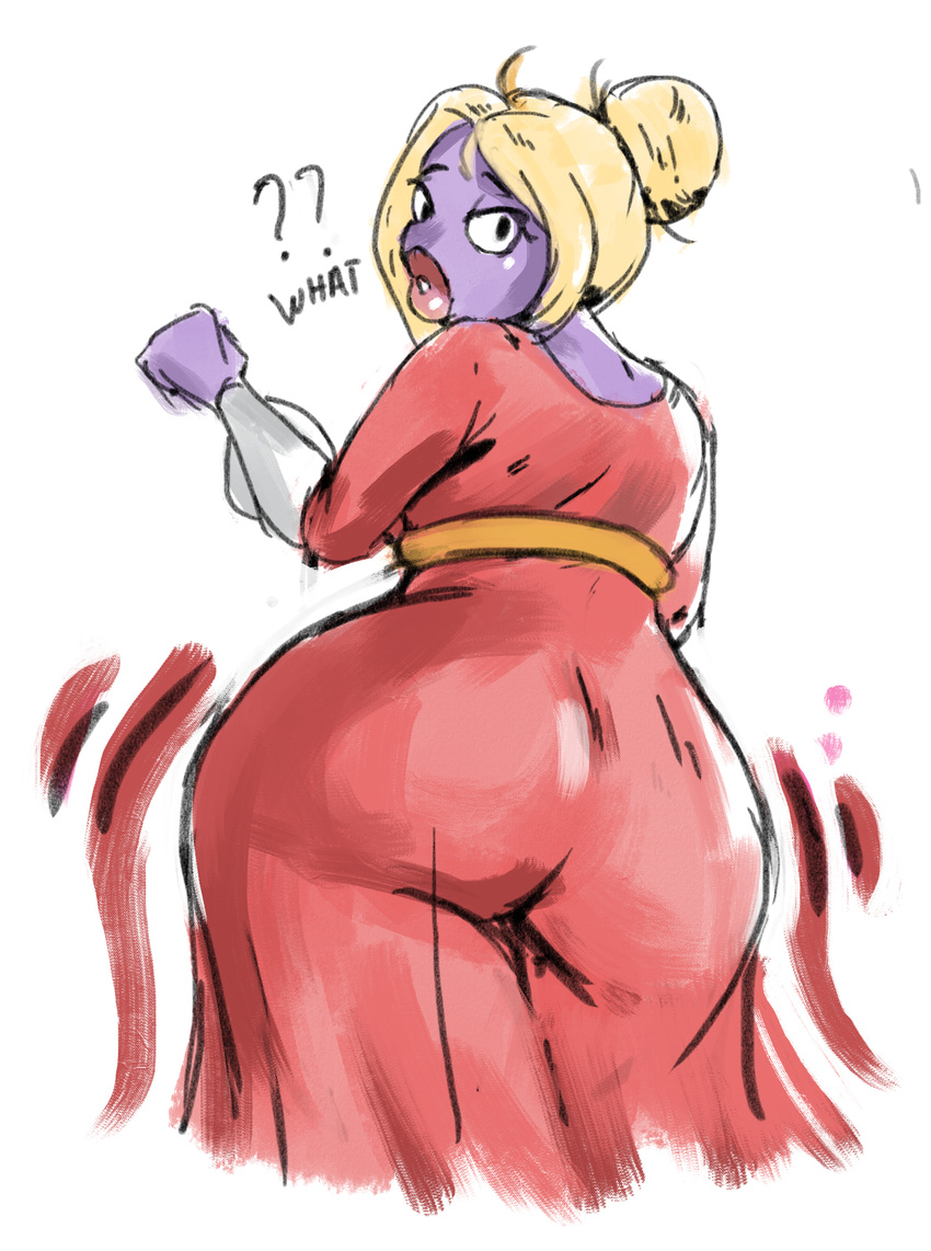 ? anthro big_butt big_lips blonde_hair breasts butt clothing dialogue dress english_text female hair huge_butt jynx lips looking_back nintendo pok&eacute;mon pok&eacute;mon_(species) pok&eacute;morph redfred simple_background solo text video_games white_background wide_hips
