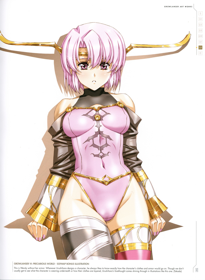 absurdres bangs bare_shoulders circlet covered_collarbone covered_navel groin growlanser growlanser_vi highres leotard long_sleeves looking_at_viewer mismatched_legwear official_art parted_lips pink_eyes pink_hair pink_leotard scan shiny shiny_hair short_hair simple_background sitting solo thighhighs urushihara_satoshi wendy_(growlanser) white_background
