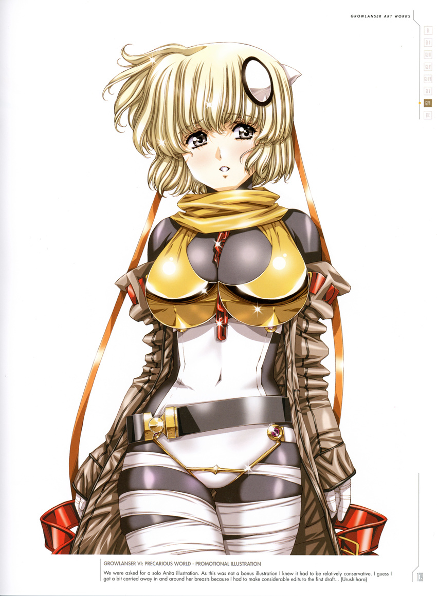 absurdres anita_(growlanser) bandages bangs belt between_breasts blonde_hair blush bodysuit breasts chain coat covered_navel cowboy_shot eyebrows_visible_through_hair grey_eyes growlanser growlanser_vi hair_ribbon highres large_breasts looking_away off_shoulder official_art orange_ribbon parted_lips ribbon scan shiny shiny_clothes shiny_hair short_hair smile solo urushihara_satoshi white_background