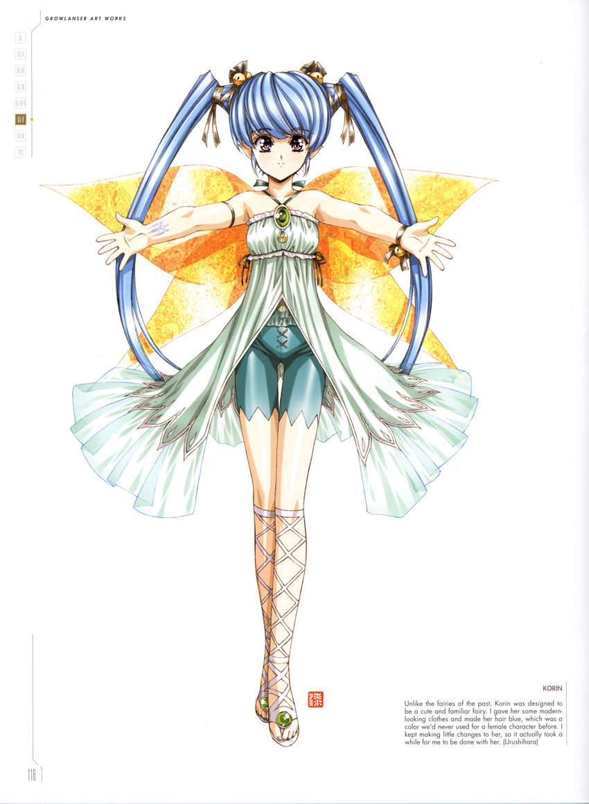 absurdres arms bangs bare_shoulders bell blue_hair character_name dress eyebrows_visible_through_hair fairy fairy_wings growlanser growlanser_v hair_ornament hair_ribbon highres jewelry korin looking_at_viewer official_art open_toe_shoes pointy_ears purple_eyes ribbon scan shorts smile solo standing twintails urushihara_satoshi wings
