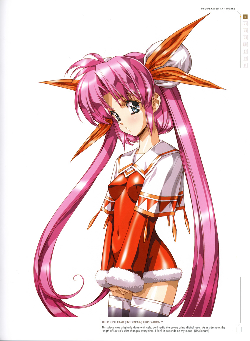 absurdres bangs blue_eyes blush breasts capelet covered_navel double_bun dress eyebrows_visible_through_hair fur_trim growlanser growlanser_i hair_ribbon highres long_hair long_sleeves louise_fallsmyer official_art parted_bangs parted_lips pink_hair ribbon scan short_dress small_breasts solo standing thighhighs twintails urushihara_satoshi very_long_hair zettai_ryouiki