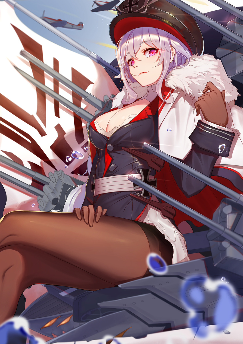 aircraft airplane azur_lane bangs black_legwear blurry breasts brown_gloves cleavage cloak closed_mouth commentary_request crossed_legs depth_of_field eyebrows_visible_through_hair fur_trim gloves graf_zeppelin_(azur_lane) hat highres iron_cross langya_beike large_breasts light_smile long_hair long_sleeves looking_at_viewer military military_uniform miniskirt outdoors pantyhose peaked_cap pleated_skirt purple_eyes rigging side_slit sidelocks silver_hair sitting skirt solo turret uniform water_drop wavy_hair white_skirt