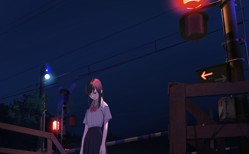 amino_(tn7135) bangs bow brown_eyes brown_hair collared_shirt commentary long_skirt looking_down night original outdoors railroad_crossing red_neckwear sad shirt skirt solo standing white_shirt