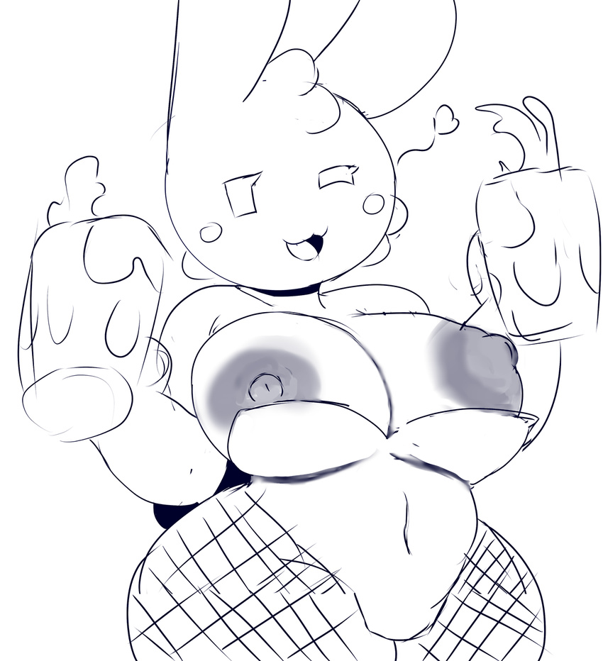 alcohol anthro beady_eyes beer beverage big_breasts blush breasts cute darky female hair lagomorph long_ears looking_at_viewer mammal monochrome navel nipples one_eye_closed pose rabbit solo wide_hips wink