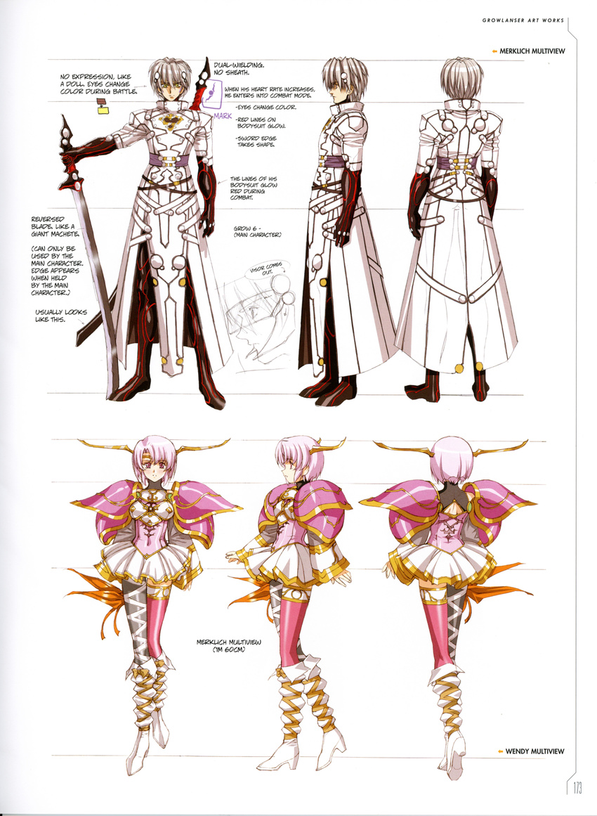 1girl absurdres armor armored_dress bangs boots breasts character_name cleavage concept_art dress full_body gloves green_hair growlanser growlanser_vi hair_ornament highres impossible_clothes knee_boots looking_at_viewer medium_breasts mismatched_legwear multiple_views official_art parted_lips pink_hair purple_eyes scan short_dress short_hair simple_background skirt smile standing thighhighs turnaround urushihara_satoshi wendy_(growlanser) white_background zettai_ryouiki