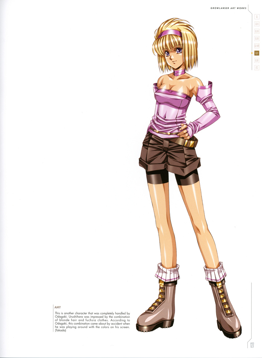 absurdres bangs bare_shoulders blonde_hair boots breasts character_name collar collarbone covered_navel dark_skin elbow_gloves eyebrows_visible_through_hair fingerless_gloves gloves growlanser growlanser_v hairband hand_on_hip highres medium_breasts official_art purple_eyes scan shorts simple_background standing strapless urushihara_satoshi white_background