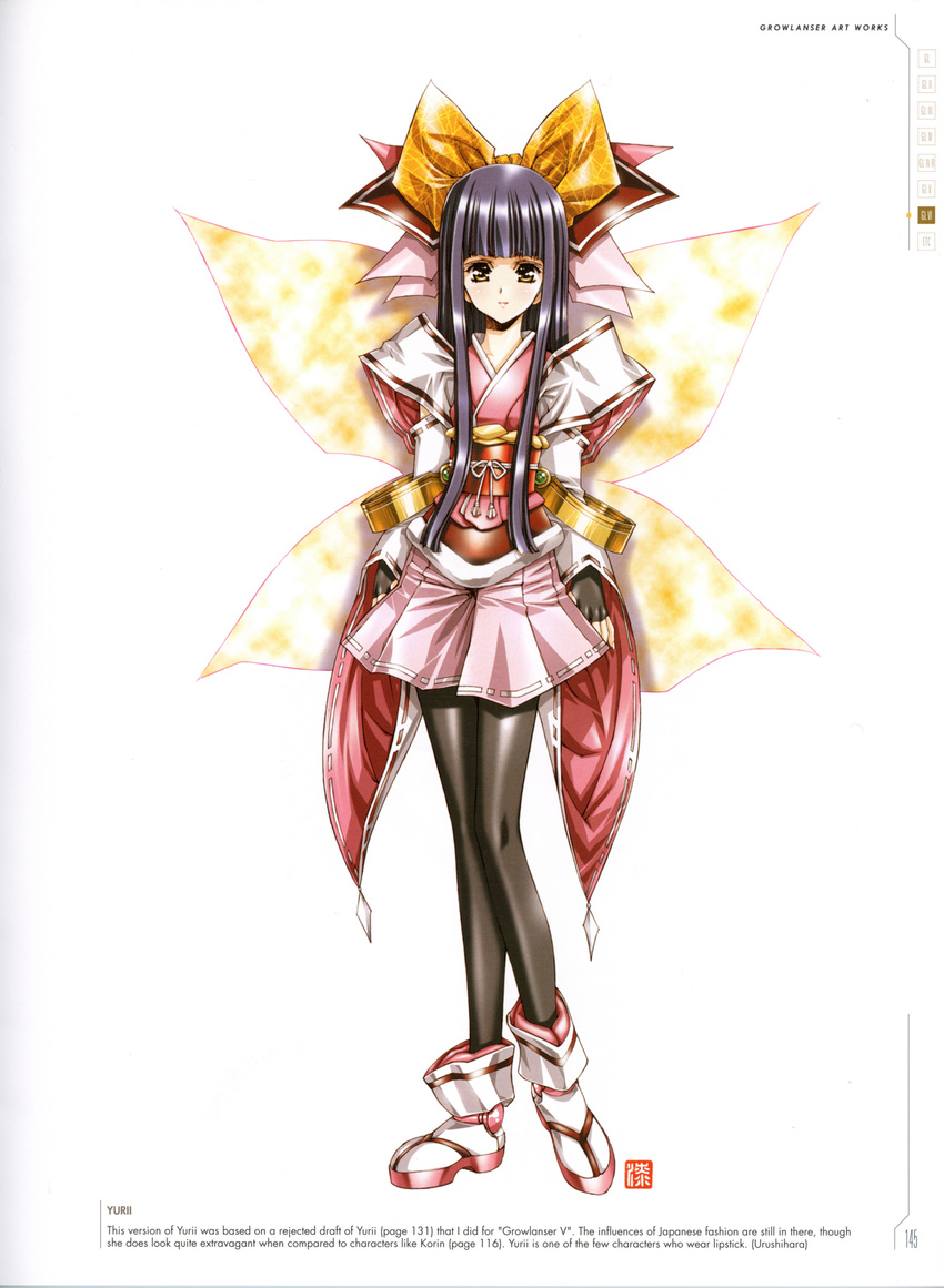absurdres bangs black_hair black_legwear bow character_name fingerless_gloves full_body gloves growlanser growlanser_vi hair_bow highres hime_cut japanese_clothes long_hair miko official_art pantyhose scan shoes shorts skirt smile solo standing urushihara_satoshi white_background wide_sleeves wings yellow_bow yellow_eyes yurii_(growlanser)