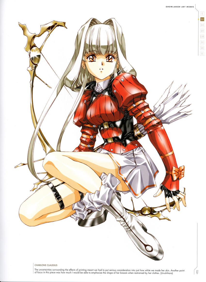absurdres arrow bangs boots bow_(weapon) breasts brown_eyes character_name charlone_claudius eyebrows_visible_through_hair fingerless_gloves full_body gloves growlanser growlanser_ii highres holding holding_weapon juliet_sleeves long_hair long_sleeves looking_away medium_breasts miniskirt official_art one_knee parted_lips pleated_skirt puffy_sleeves quiver scan silver_hair skirt solo turtleneck urushihara_satoshi weapon white_footwear