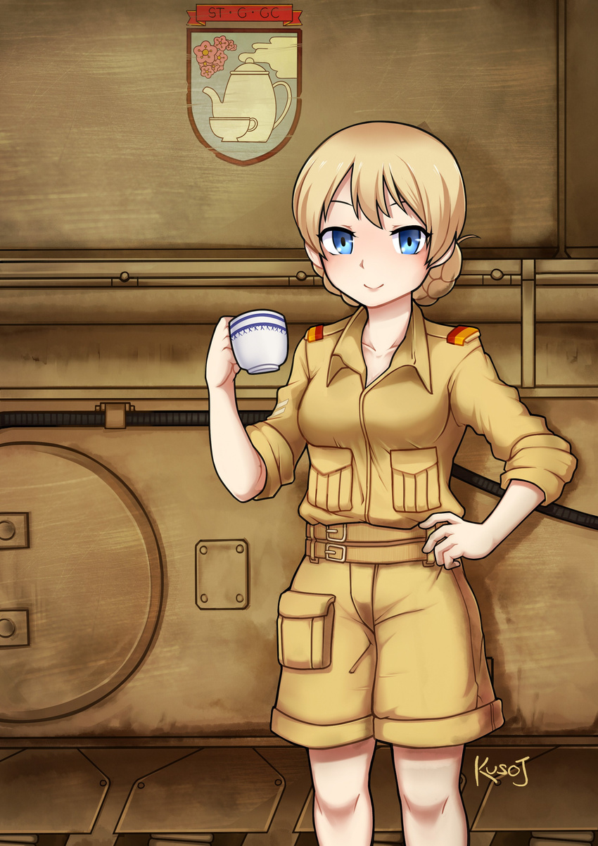 absurdres alternate_costume artist_name bangs bare_legs belt blonde_hair blue_eyes braid brown_belt closed_mouth commentary cup darjeeling desert_pattern emblem eyebrows flower girls_und_panzer ground_vehicle hand_on_hip highres holding holding_cup jacy looking_at_viewer machinery military military_uniform military_vehicle motor_vehicle short_hair shorts sleeves_folded_up sleeves_rolled_up smile solo st._gloriana's_(emblem) standing tank teacup teapot tied_hair twin_braids uniform