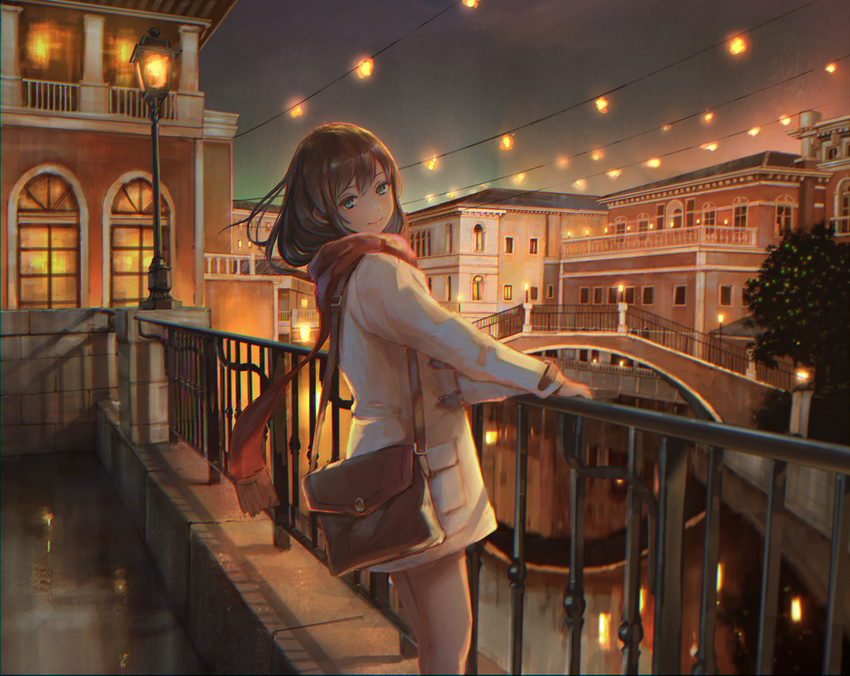 bag balcony blue_eyes bridge brown_hair chromatic_aberration city city_lights closed_mouth enpera feet_out_of_frame from_side green_eyes highres jacket lamppost light long_hair long_sleeves looking_at_viewer looking_to_the_side night original outdoors power_lines red_scarf reflection scarf sho_(shoichi-kokubun) shoulder_bag smile solo standing tree white_jacket window