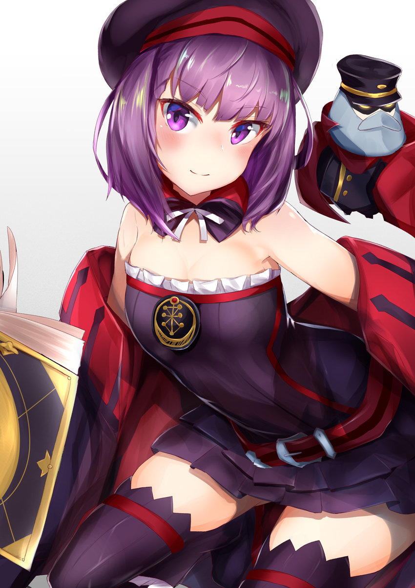 absurdres bare_shoulders belt black_legwear book colonel_olcott_(fate/grand_order) detached_collar detached_sleeves fate/grand_order fate_(series) flat_chest gradient gradient_background hat helena_blavatsky_(fate/grand_order) highres holding holding_book looking_at_viewer nanakaku purple_eyes purple_hair short_hair solo strapless tree_of_life