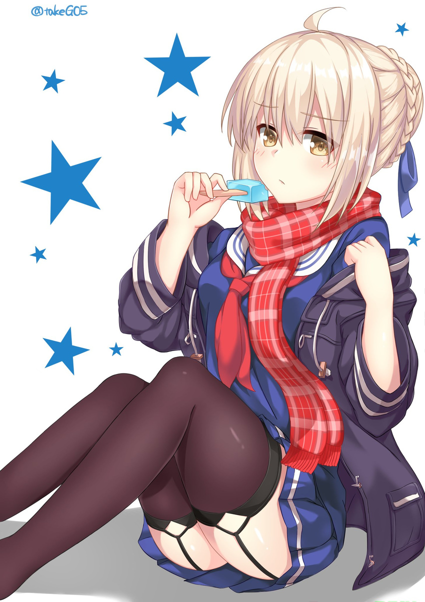 ahoge artoria_pendragon_(all) black_legwear coat commentary_request fate/grand_order fate_(series) food garter_straps highres holding looking_at_viewer mysterious_heroine_x_(alter) pleated_skirt popsicle scarf school_uniform serafuku silver_hair simple_background sitting skirt solo star starry_background takeg05 twitter_username white_background winter_clothes winter_coat yellow_eyes