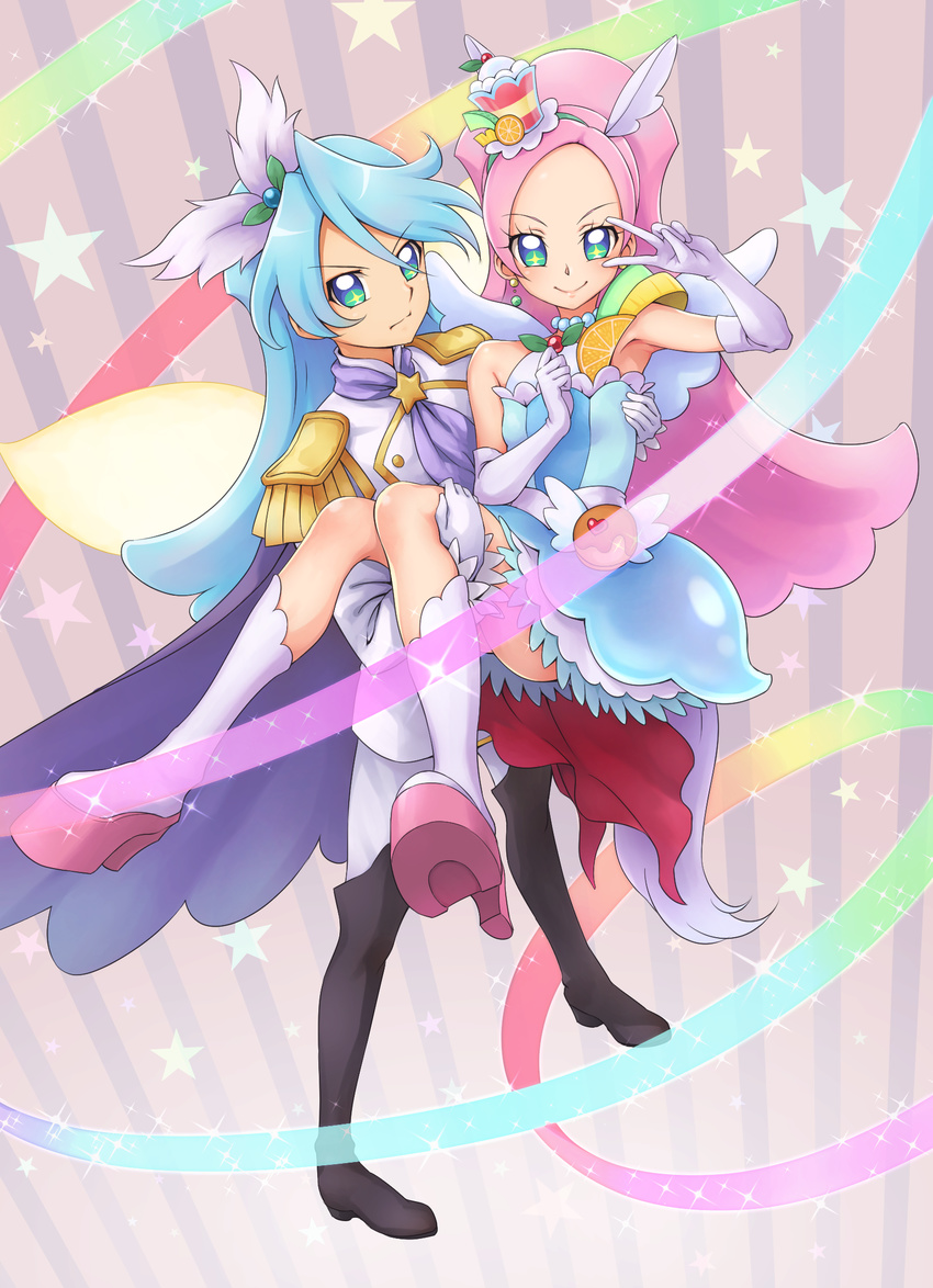 1girl black_footwear blue_dress blue_eyes blue_hair boots brother_and_sister cape carrying chocokin cravat cure_parfait cure_waffle dress earrings elbow_gloves epaulettes food_themed_hair_ornament full_body gloves hair_ornament highres jewelry kirahoshi_ciel kirakira_precure_a_la_mode knee_boots long_hair looking_at_viewer magical_boy magical_girl pants pikario_(precure) pink_hair precure princess_carry purple_background purple_cape rainbow ribbon siblings smile spoilers striped striped_background white_footwear white_gloves white_pants white_wings wings