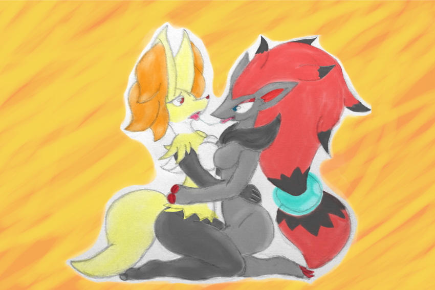 2017 anthro blue_eyes breast_size_difference breast_squish breasts breasts_frottage butt canine claws delphox duo eye_contact featureless_breasts female female/female fluffy fluffy_tail flying_afro hand_behind_back kneeling mammal nintendo pok&eacute;mon pok&eacute;mon_(species) ponytail saliva saliva_string side_view simple_background tongue tongue_out video_games wide_hips zoroark