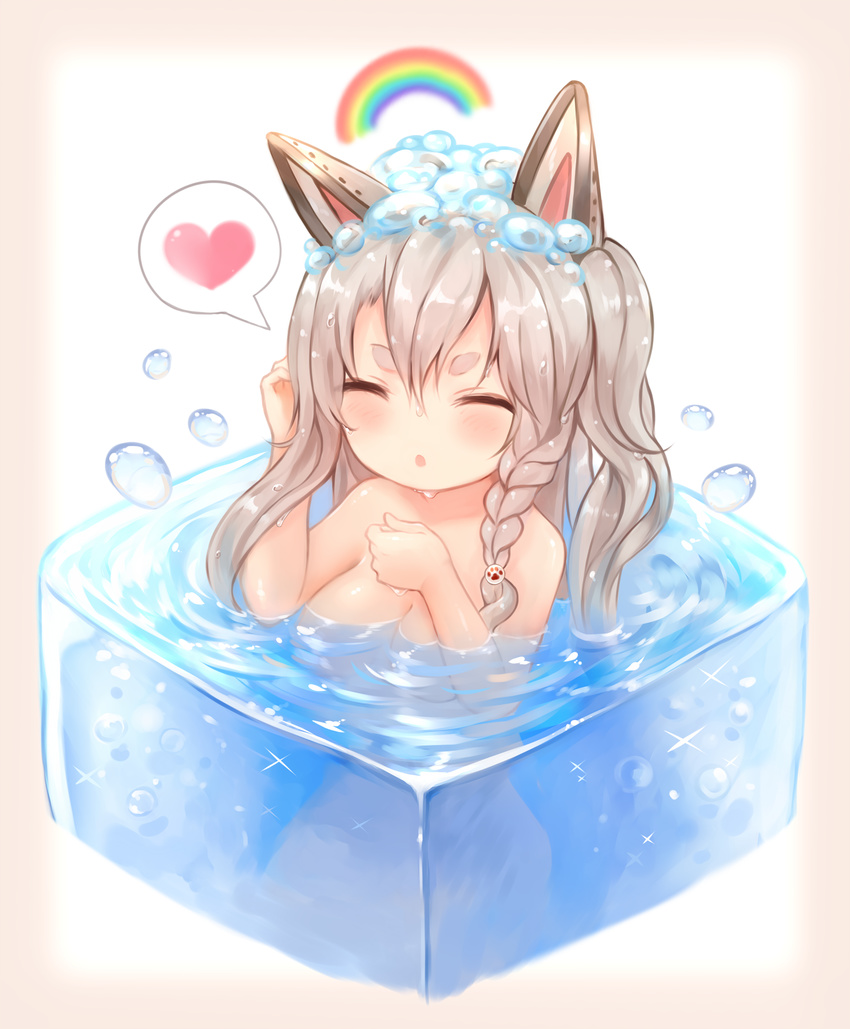 :o animal_ears azur_lane braid breasts closed_eyes commentary heart highres long_hair medium_breasts open_mouth partially_submerged rainbow short_eyebrows silver_hair soap_bubbles solo spoken_heart sukemyon thick_eyebrows water wet wet_hair yuudachi_(azur_lane)