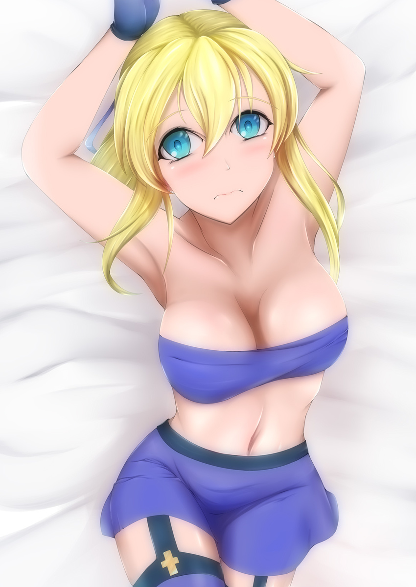 1girl arc_system_works bare_shoulders blonde_hair blue_bra blue_eyes blue_legwear blue_skirt blush bra breasts garter_straps garters genderswap guilty_gear ky_kiske kyko lying m.u.g.e.n midnight_bliss ribbon