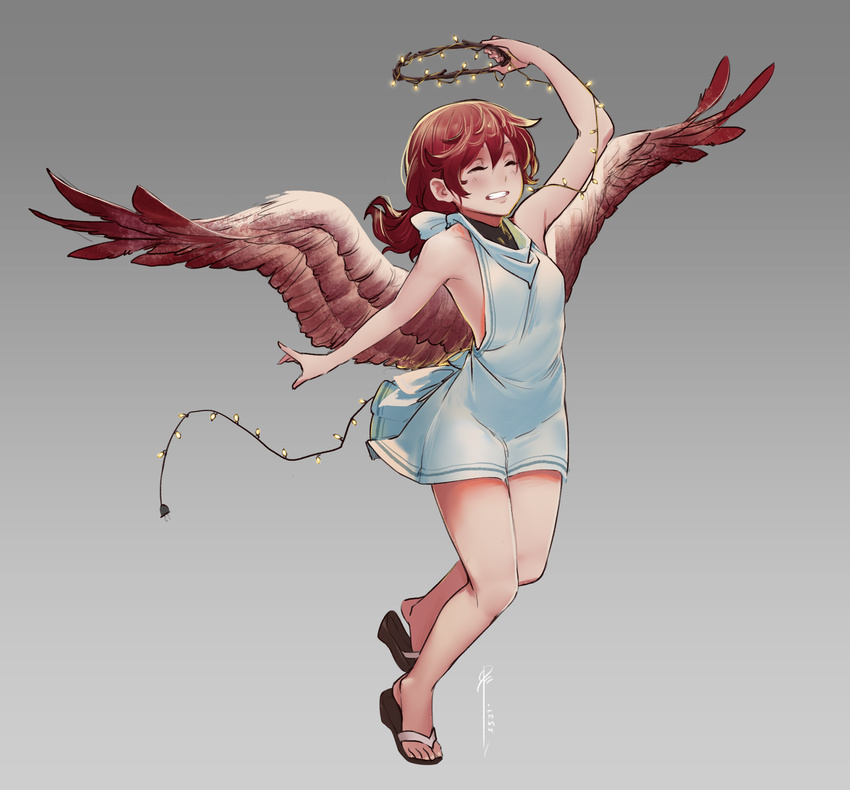 absurdres angel_(monster_girl_encyclopedia) arm_up bare_arms bare_legs bare_shoulders bird_wings brown_hair christmas_lights closed_eyes dress fake_halo feathered_wings full_body grey_background hair_between_eyes highres less long_hair monster_girl_encyclopedia no_socks parted_lips sandals shirt signature sleeveless sleeveless_dress smile solo standing standing_on_one_leg white_shirt wings younger