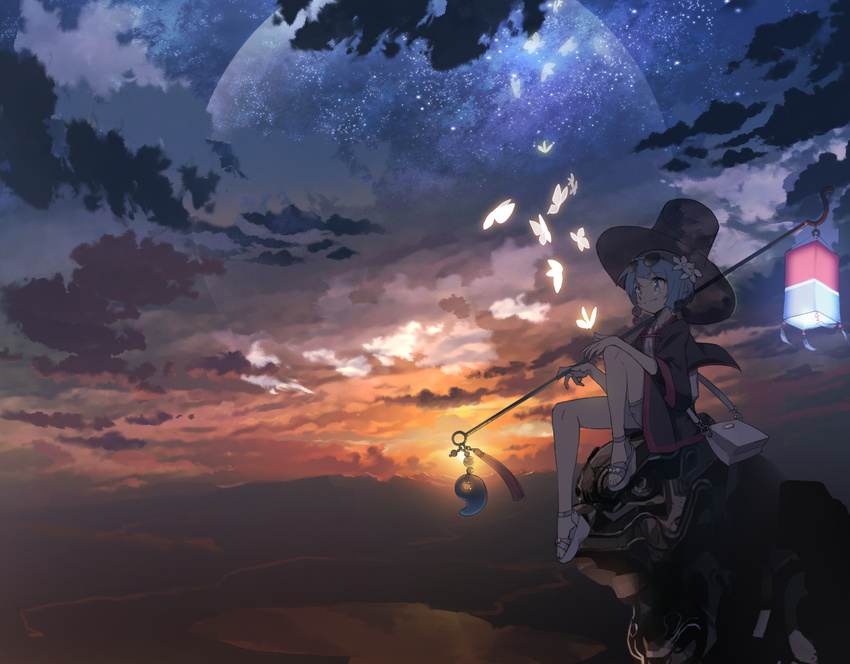 blue_hair closed_mouth cloud cloudy_sky crusaders_quest flower full_moon hair_flower hair_ornament hat highres holding korin_(crusaders_quest) lantern long_sleeves moon no_socks outdoors sandals short_hair sitting sky smile solo star_(sky) starry_moon starry_sky sunset top_hat traditional_clothes whitebear