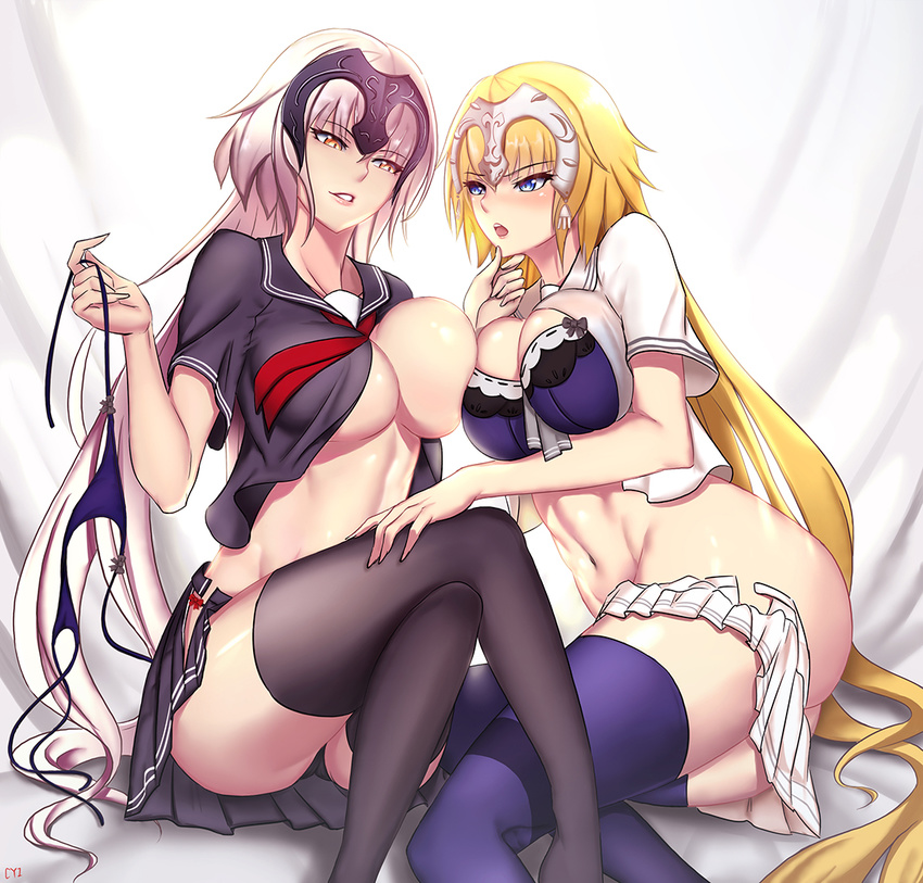 ass bangs black_legwear black_panties blonde_hair blue_eyes bra breast_press breasts cleavage collarbone cyicheng dark_persona dual_persona fate/grand_order fate_(series) headgear headpiece jeanne_d'arc_(alter)_(fate) jeanne_d'arc_(fate) jeanne_d'arc_(fate)_(all) large_breasts long_hair looking_at_another lying multiple_girls navel no_bra no_panties on_side open_mouth panties pantyshot platinum_blonde_hair school_uniform sitting smile stomach symmetrical_docking thighhighs underboob underwear very_long_hair yellow_eyes