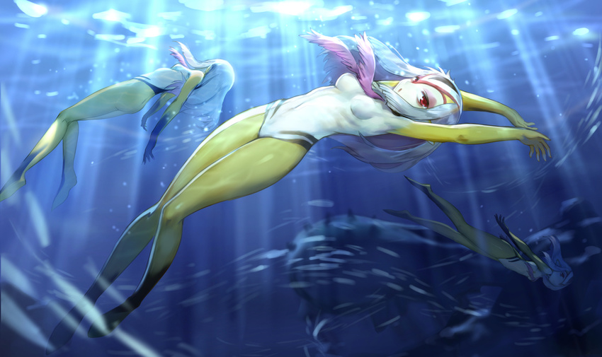 armpits arms_up ass blue_submarine_no_6 breasts fish light_rays long_hair monster_girl multiple_girls mutio navel nude observerz red_eyes silver_hair small_breasts swimming underwater