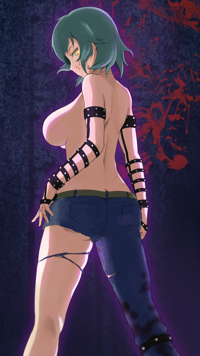 anzuu arms_at_sides ass asymmetrical_clothes back bare_shoulders blood blood_on_face blood_splatter bloody_hands breasts butt_crack choker commentary_request dirty_clothes feet_out_of_frame from_behind green_hair highres hikage_(senran_kagura) looking_at_viewer looking_back medium_breasts pocket senran_kagura senran_kagura_shoujo-tachi_no_shin'ei short_hair shoulder_blades sideboob sideways_glance skindentation slit_pupils solo standing topless torn_clothes yellow_eyes