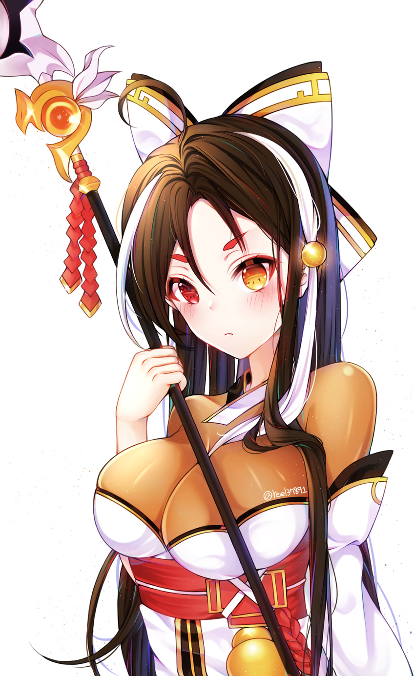 ara_han asura_(elsword) black_hair bow breast_press breasts detached_sleeves elsword expressionless hair_bow heterochromia highres holding holding_spear holding_weapon large_breasts long_hair looking_at_viewer multicolored_hair polearm red_eyes reel37891 simple_background solo spear streaked_hair two-tone_hair upper_body weapon white_background white_hair yellow_eyes