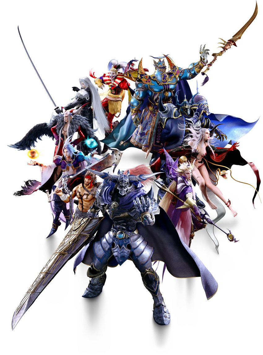 6+boys abs absurdres armor cape cefca_palazzo center_opening chain cloud_of_darkness clown dark_skin dark_skinned_male dissidia_final_fantasy dissidia_final_fantasy_nt emperor_(ff2) everyone exdeath final_fantasy final_fantasy_i final_fantasy_ii final_fantasy_iii final_fantasy_iv final_fantasy_ix final_fantasy_v final_fantasy_vi final_fantasy_vii final_fantasy_viii final_fantasy_x garland_(ff1) golbeza helmet highres horned_helmet huge_weapon jecht kuja long_hair looking_at_viewer makeup multiple_boys multiple_girls official_art sephiroth shirtless square_enix sword ultimecia very_long_hair weapon