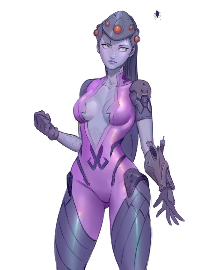 bad_id bad_pixiv_id bodysuit breasts bug center_opening clenched_hand cowboy_shot earrings gloves hair_between_eyes hair_pulled_back head_mounted_display highres jewelry lipstick long_hair looking_away makeup medium_breasts nose overwatch pink_bodysuit ponytail purple_lips purple_lipstick purple_skin shiny shiny_clothes short_sleeves simple_background sketch solo spider spider_tattoo stud_earrings visor white_background widowmaker_(overwatch) yeedeea yellow_eyes