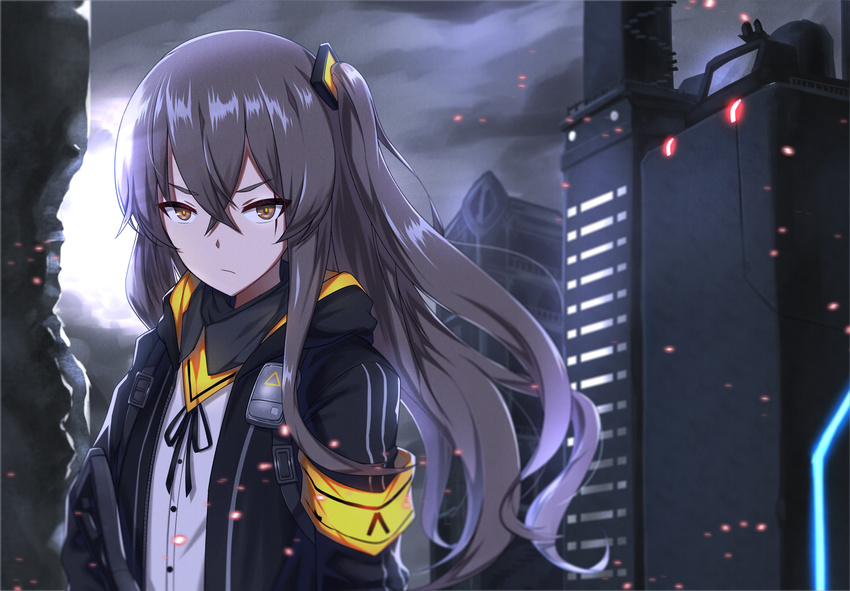 armband bangs black_gloves black_jacket black_ribbon brown_eyes buttons cityscape cloud cloudy_sky commentary exoskeleton eyebrows_visible_through_hair eyes_visible_through_hair fingerless_gloves girls_frontline gloves gun h&amp;k_ump h&amp;k_ump45 hair_between_eyes hair_ornament heckler_&amp;_koch highres holding holding_gun holding_weapon hood hooded_jacket jacket long_hair looking_at_viewer one_side_up panix2383 ribbon ruins scar scar_across_eye scarf silver_hair skirt sky solo sparks standing strap submachine_gun thigh_strap thighhighs ump45_(girls_frontline) vertical_foregrip weapon wind
