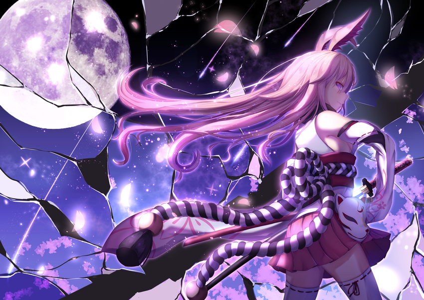 animal_ears bangs bare_shoulders benghuai_xueyuan breasts broken broken_glass bunny_ears cherry_blossoms closed_mouth commentary_request detached_sleeves drawing_sword floating_hair fox_mask from_side full_moon glass glowing glowing_petals gradient_sky hakama highres japanese_clothes light_particles long_hair looking_at_viewer mask mask_removed moon night night_sky nontraditional_miko obi pink_hair profile purple_eyes purple_sky red_hakama ribbon-trimmed_legwear ribbon_trim rope sash serious sheath shimenawa shiny shiny_hair shooting_star sideboob sideways_glance sky small_breasts solo standing star_(sky) starry_sky tassel thighhighs unsheathing very_long_hair white_legwear wind yae_sakura_(benghuai_xueyuan) ye_zi_you_bei_jiao_ju_ge