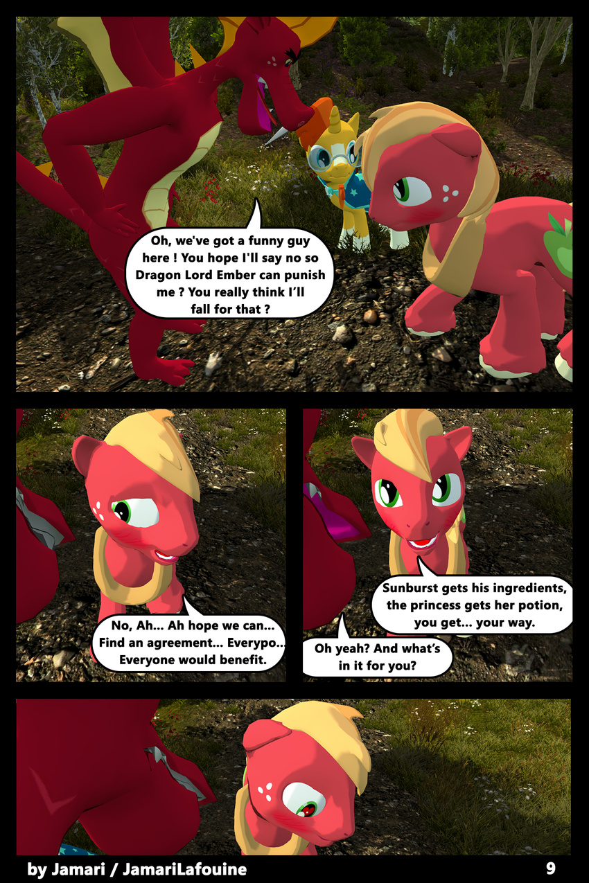 2017 3d_(artwork) anthro big_macintosh_(mlp) clothing comic dialogue digital_media_(artwork) dragon earth_pony equine eyewear forest friendship_is_magic garble_(mlp) glasses hair hi_res horn horse jamari male mammal membranous_wings multicolored_hair my_little_pony outside pony scales scalie sunburst_(mlp) teeth text tree wings