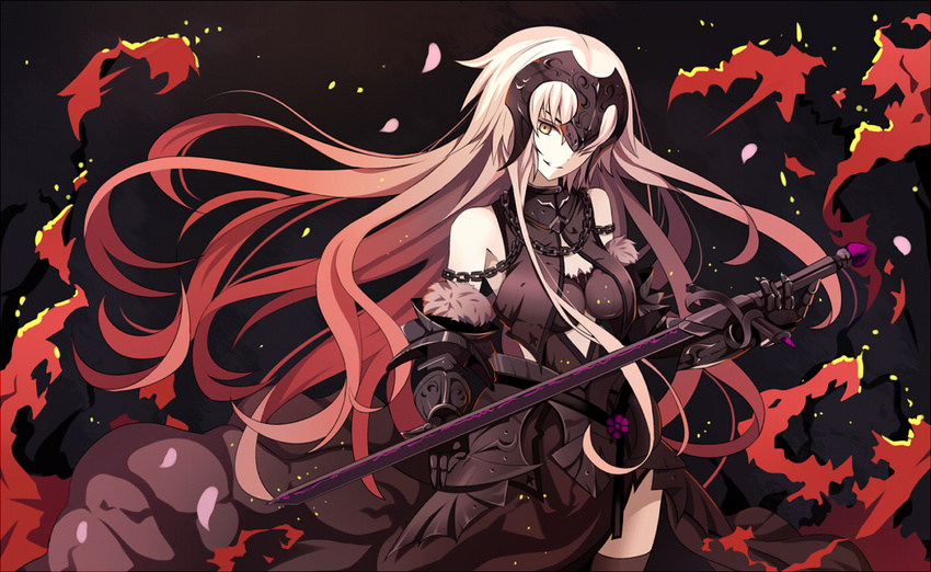 alternate_costume armor breasts chain fate/grand_order fate_(series) faulds feng_shao_kky_(arj0522) fur fur_trim gauntlets headpiece jeanne_d'arc_(alter)_(fate) jeanne_d'arc_(fate)_(all) large_breasts long_hair silver_hair solo standard_bearer sword thighhighs very_long_hair weapon yellow_eyes