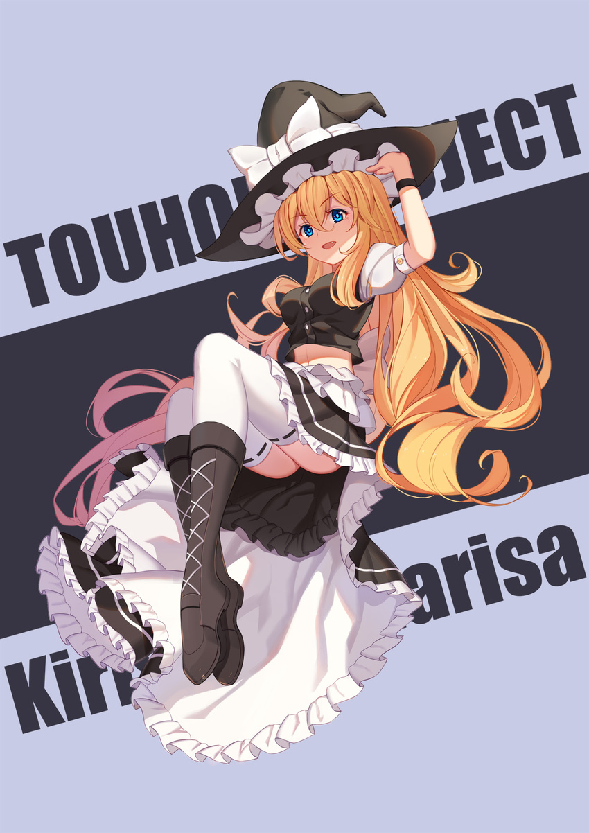 baseness black_footwear black_hat black_skirt blonde_hair blue_eyes boots bow breasts buttons character_name hat hat_bow highres kirisame_marisa long_hair looking_at_viewer medium_breasts midriff navel skirt solo thighhighs touhou very_long_hair white_bow white_legwear witch_hat