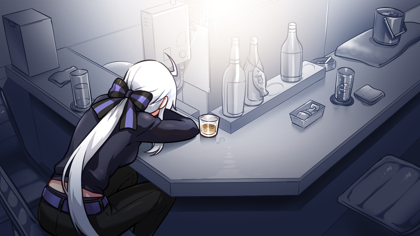ahoge alcohol bar bar_stool bottle breasts caffein check_commentary commentary commentary_request cup drinking_glass glass highres long_hair medium_breasts ponytail silver_hair sitting solo stool very_long_hair vocaloid voyakiloid whiskey wine_bottle yowane_haku