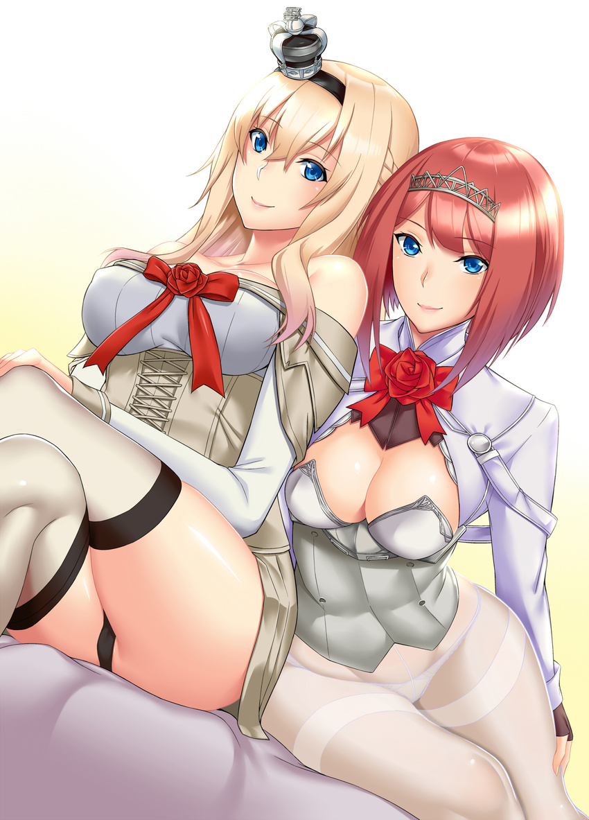 alternate_breast_size ark_royal_(kantai_collection) bare_shoulders black_gloves black_hat black_panties blonde_hair blue_eyes blush bow bowtie braid breasts cleavage cleavage_cutout closed_mouth collarbone corset crossed_legs crotch_seam crown dress eyebrows_visible_through_hair fingerless_gloves flower french_braid gloves gradient gradient_background grey_dress grey_legwear hat highres kantai_collection large_breasts leaning_forward lips long_hair long_sleeves mini_crown mizuse_kouichi multiple_girls off-shoulder_dress off_shoulder panties panties_under_pantyhose pantyhose pantyshot pantyshot_(sitting) red_bow red_flower red_hair red_neckwear red_rose rose short_hair sitting thighband_pantyhose thighs underwear warspite_(kantai_collection) white_legwear white_panties yellow_background yokozuwari