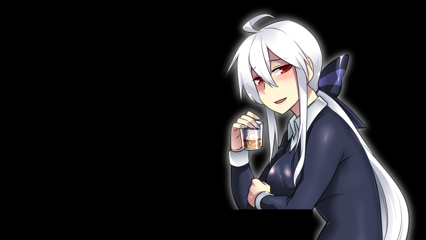 ahoge alcohol bottle breasts caffein cup drinking_glass glass highres long_hair looking_at_viewer medium_breasts nail_polish ponytail red_eyes silver_hair sitting smile solo very_long_hair vocaloid voyakiloid whiskey yowane_haku