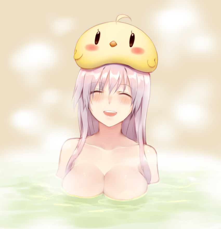 ^_^ ahoge animal animal_on_head arms_at_sides azur_lane bangs bathing bird blush breasts chick closed_eyes collarbone commentary_request enterprise_(azur_lane) eyebrows_visible_through_hair facing_viewer highres large_breasts long_hair on_head open_mouth shiny shiny_hair sidelocks silver_hair smile solo steam sukemyon