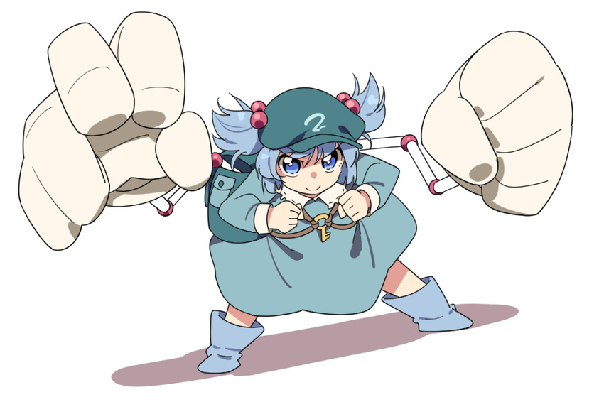 backpack bag blue_dress blue_eyes blue_footwear blue_hair clenched_hands closed_mouth dress dutch_angle full_body green_hat hair_bobbles hair_ornament hat kawashiro_nitori key leaning_forward legs_apart long_sleeves mechanical_arms shadow smile solo tonmoh touhou twintails v-shaped_eyebrows white_background