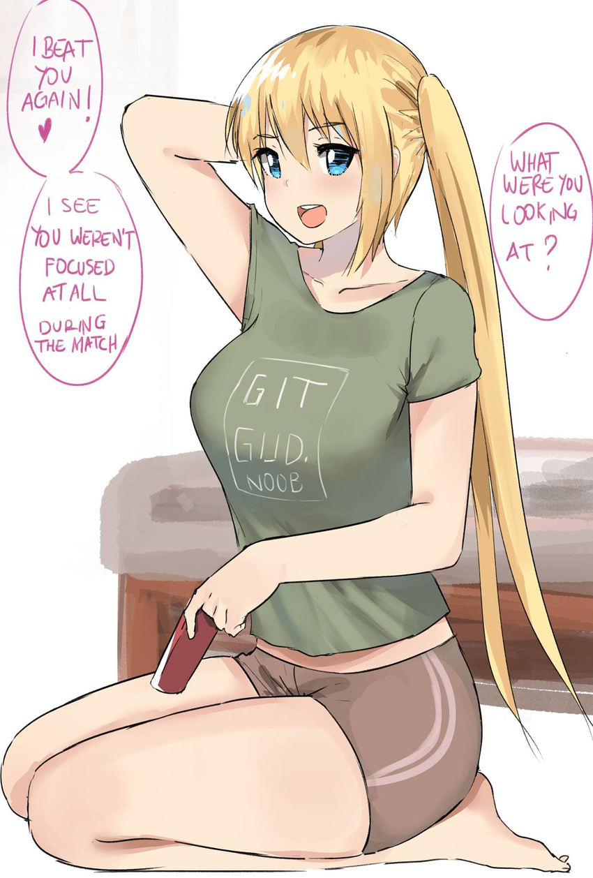 :d barefoot blend_s blonde_hair blue_eyes breasts collarbone english green_shirt highres hinata_kaho large_breasts long_hair looking_at_viewer midriff norman_maggot open_mouth seiza shirt short_shorts short_sleeves shorts simple_background sitting smile solo t-shirt twintails white_background