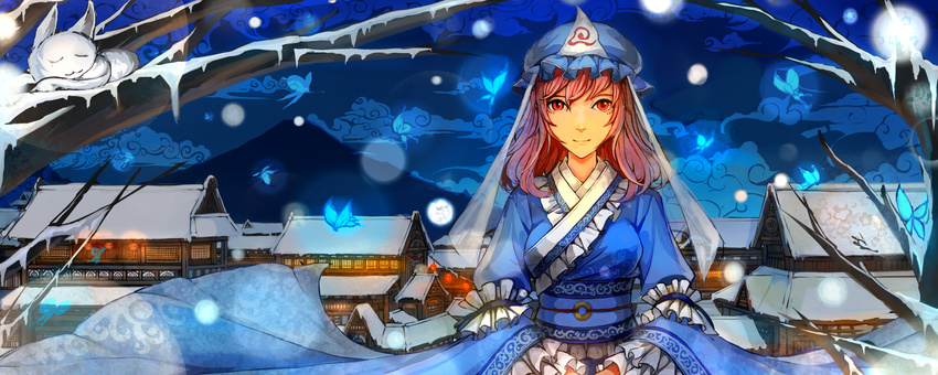 architecture arm_garter bare_tree breasts bug butterfly cloud east_asian_architecture fireflies fox hakugyokurou hands_on_lap hat highres insect japanese_clothes kimono looking_at_viewer medium_breasts mob_cap mountain night obi outdoors pink_hair red_eyes saigyouji_yuyuko sash short_hair smile snow solo touhou tree tree_branch triangular_headpiece yuren