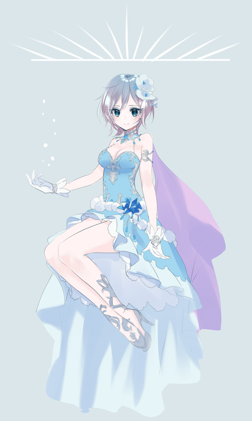 anastasia_(idolmaster) blue_dress blue_eyes breasts cleavage closed_mouth collarbone dress eyebrows_visible_through_hair flower gloves grey_background hair_flower hair_ornament high_heels highres idolmaster idolmaster_cinderella_girls idolmaster_cinderella_girls_starlight_stage jewelry medium_breasts misumi_(macaroni) short_hair silver_hair simple_background smile solo white_gloves
