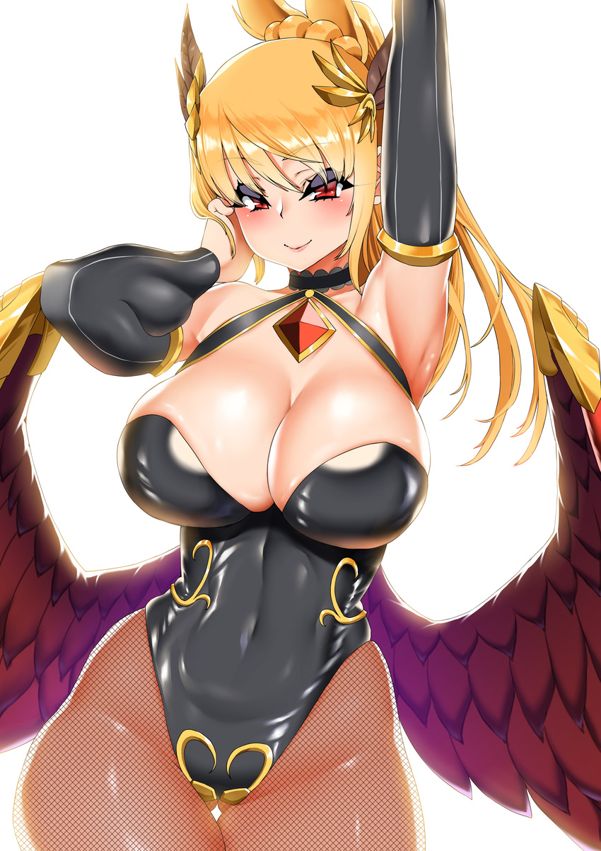 absurdres arm_up armlet armpits ass_visible_through_thighs bangs black_leotard blonde_hair breasts brown_dust choker cleavage contrapposto covered_navel cowboy_shot detached_sleeves elysee_(brown_dust) eyebrows_visible_through_hair feathered_wings fishnet_legwear fishnet_pantyhose fishnets gem halterneck headgear highres large_breasts leotard lips long_hair looking_at_viewer low_wings pantyhose pink_lips ponytail red_eyes skin_tight smh1069 smile solo standing thigh_gap white_background wide_hips wing_ornament wings