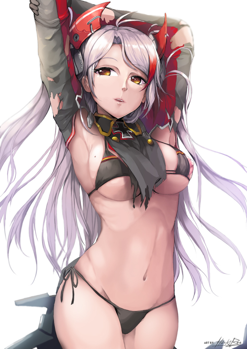armpits arms_up artist_name azur_lane bangs bikini black_bikini breasts brown_eyes commentary eyebrows_visible_through_hair groin head_tilt highres hiroki_ree long_hair medium_breasts multicolored_hair navel nipple_slip nipples outstretched_arm parted_lips prinz_eugen_(azur_lane) red_hair signature silver_hair solo streaked_hair swept_bangs swimsuit torn_clothes very_long_hair white_background