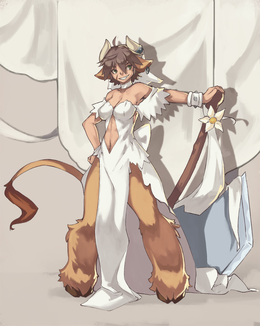 animal_ears bangs bare_shoulders breasts brown_hair choker commentary commission cow_ears cow_horns cow_tail dress earrings facial_scar full_body fur green_eyes grin hair_between_eyes hand_on_hilt hand_on_hip highres hooves horn_ornament horns huge_weapon jewelry legs_apart looking_to_the_side medium_breasts minotaurus_(monster_girl_encyclopedia) monster_girl monster_girl_encyclopedia navel navel_cutout scar scar_on_cheek short_hair short_sleeves smile solo standing tail vins-mousseux weapon wedding_dress white_choker white_dress wristband