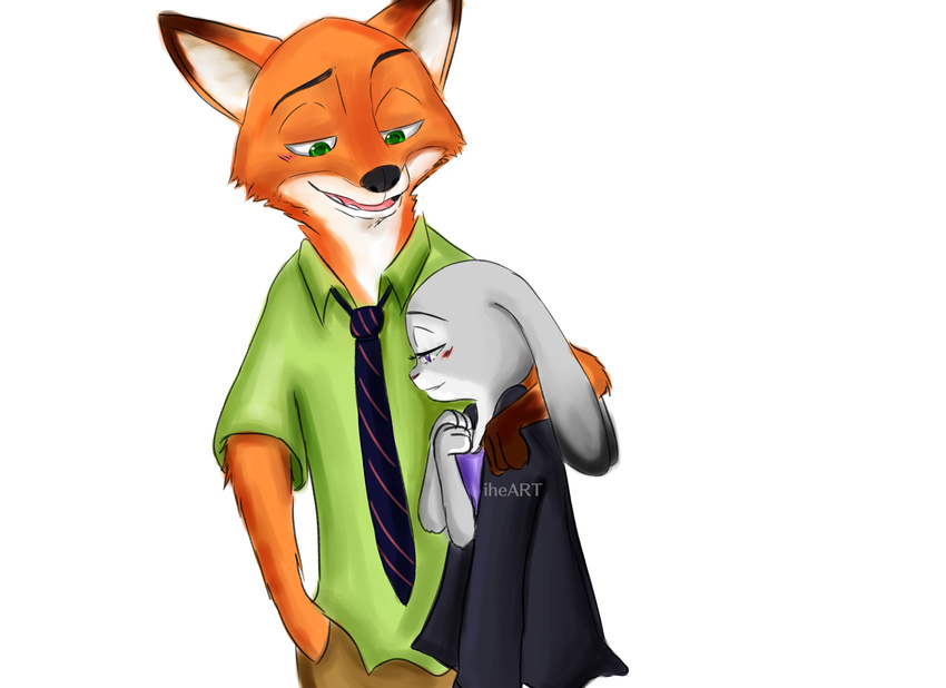 2016 absurd_res anthro arm_around_shoulder black_nose blush canine clothed clothing dipstick_ears disney duo ears_down eyelashes female fox gloves_(marking) green_eyes hand_in_pocket hi_res iheart7968 judy_hopps lagomorph male mammal markings necktie nick_wilde open_mouth open_smile purple_eyes rabbit shirt simple_background smile white_background zootopia